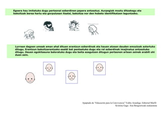 Egoera hau imitatuko dugu pertsonai ezberdinen papera antzeztuz. Aurpegiak moztu ditzakegu eta
bakoitzak berea hartu eta gorputzean itsatsi, bakoitza nor den hobeto identifikatzen laguntzeko.
Lurrean dagoen umeak eman ahal dituen erantzun ezberdinak eta hauen atzean dauden emozioak aztertuko
ditugu. Erantzun bakoitzarentzako esaldi bat pentsatuko dugu eta rol ezberdinak imajinatuz antzeztuko
ditugu. Hauen egokitasuna baloratuko dugu eta baita ezagutzen ditugun pertsonen artean zeinek erabili ohi
duen zein.
Apaptado de “Educación para la Convivencia” Vallés Arandiga. Editorial Marfil
Kristina Gago. Ana Bengoetxeak euskaratuta
 