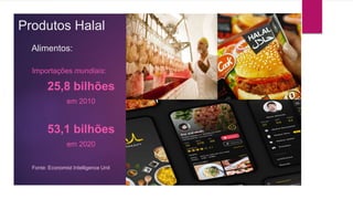 Produtos Halal
Alimentos:
Importações mundiais:
25,8 bilhões
em 2010
53,1 bilhões
em 2020
Fonte: Economist Intelligence Unit
 