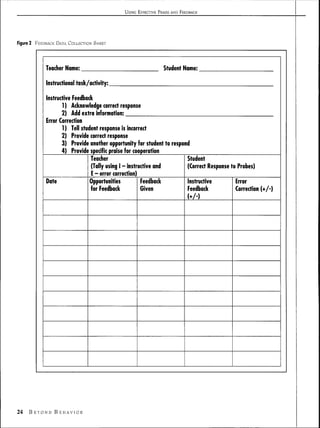 USING EFFECTIVE PRAISE AND FEEDBACK




Figure 2   FEEDBACK DATA COLLECTION SHEIET




               Teacher Name:                                     Student 14ame:

               Instructional task/^activity:

               Instructive Feedba ck
                      1) Acknovfledge correct response
                      2) Add ex tra information:
               Error Correction
                      1 ) Tell student response is incorrect
                      2) Provide correct response
                      3) Provide another opportunity for student to respond
                      4) Provide specific praise for cooperation
                                   Teacher                                Student
                                   (Tally using 1 - instructive and       (Correct Response to Probes)
                                   E - error correction)
               Date                Opportunities          Feedback        Instructive         Error
                                   for Feedback          Given            Feedback            Correction (+/-)
                                                                             (+/-)




24    BEYOND BEHAVIOR
 