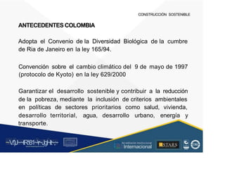 CONSTRUCCIÓN SOSTENIBLE
ANTECEDENTES COLOMBIA
Adopta el Convenio
de Ria de Janeiro en
de la Diversidad Biológica
la ley 165/94.
de la cumbre
Convención sobre el
(protocolo de Kyoto)
cambio climático del 9 de
en la ley 629/2000
mayo de 1997
Garantizar el desarrollo sostenible y contribuir a la reducción
de la pobreza, mediante la inclusión de criterios ambientales
en políticas de sectores prioritarios como salud, vivienda,
desarrollo territorial,
transporte.
agua, desarrollo urbano, energía y
~V
.')J~~tR:81~r~Jgl~lt~,~
A C ~ T A C , tóN
O I A.L'ACM.O AD
■STARS
, Acr editación Institucional
· ... Internacional
rc,1.u.1w.11tt1.-:,,,u iu1, 'H f.:-, l t ll i , 1
t-, t , 1 t 1 ~1- t
 