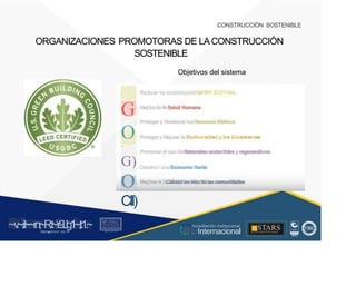 CONSTRUCCIÓN SOSTENIBLE
ORGANIZACIONES PROMOTORAS DE LACONSTRUCCIÓN
SOSTENIBLE
Objetivos del sistema
Reduar la contnbudón al e- c.,_ o
-
G
O
~
G)
O
CII)
MejOra de Salud Humana
Proteger y Reslaurar los Recursos Hidríccs
Proteger y Me¡orar la Biodivor id d y lo Eco , t m
Promover el uso de Materiales sostenlbles y regenerativoo
Constru,r una Economio Verde
MejOrar 1, Calidad de vida de las comunidades
~v
.~
.i:I~~rn;~
R.t~r9iJg1~,t:1.~
rc1
1
.
u .
1■,vltf.-!l (th u,u, ·••
A C ~ r • c . ~
OC AL f A CAI...DAD
.. ■
Acreditación Institucional
STARS
¡ . - , J l
.. . .
. Internacional
. l ) J , 1 1 - ó t  1 . _  ~ l _ l
 
