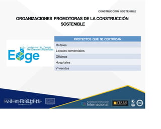 CONSTRUCCIÓN SOSTENIBLE
ORGANIZACIONES PROMOTORAS DE LA CONSTRUCCIÓN
SOSTENIBLE
PROYECTOS QUE SE CERTIFICAN
~ Ex
.cellen
.ce
.
Hoteles
Locales comerciales
Oficinas
Hospitales
Viviendas
In
-Design
,.
~v
.~
.i:I~~rn;~
R.t~r9iJg1~,t:1.~
rc1
1
.
u .
1■,vltf.-!l (th u,u, ·••
A C ~ r • c . ~
OC ALf A CAI...DAD
.. ■
Acreditación Institucional
Internacional
STARS
¡ . - , J l
....
.
. l ) J , 1 1 - ó t  1 . _  ~ l _ l
 