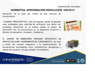 CONSTRUCCIÓN SOSTENIBLE
NORMATIVA. APROXIMACIÓN RESOLUCIÓN 549/2015
Aplicación de la Guía por medio de dos caminos de
cumplimiento:
1.CAMINO PRESCRIPTIVO: Lista de chequeo donde se plantean
unas estrategias para cada tipo de edificación que deben ser
cumplidas
demuest ra
oficinas de
totalmente en el edificio desde el diseño. Se
con los documentos en la respectiva curaduría u
planeación municipal. (Cualitativa)
2. CAMINO DE DESEM PEÑO (PROCESO INTEGRATIVO DE
PROYECTOS COMO HERRAMIENTADE CUMPLIMIENTO): Se hace
a través del proceso integrativo y la implementación de
herramientas tecnológicas como modelaciones energéticas y
cálculo del consumo de agua potable. (Cuantitativa).
~v
.~
.i:I~~rn;~
R.t~r9iJg1~,t:1.~
rc1
1
.
u .
1■,vltf.-!l (th u,u, ·••
A C ~ r • c . ~
OC AL f A CAI...DAD
.. ■
Acreditación Institucional
Internacional
STARS
¡ . - , J l
...
..
. l ) J , 1 1 - ó t  1 . _  ~ l _ l
 