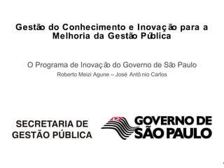 Gestão do Conhecimento e Inovação para a Melhoria da Gestão Pública O Programa de Inovação do Governo de São Paulo Roberto Meizi Agune – José Antônio Carlos 