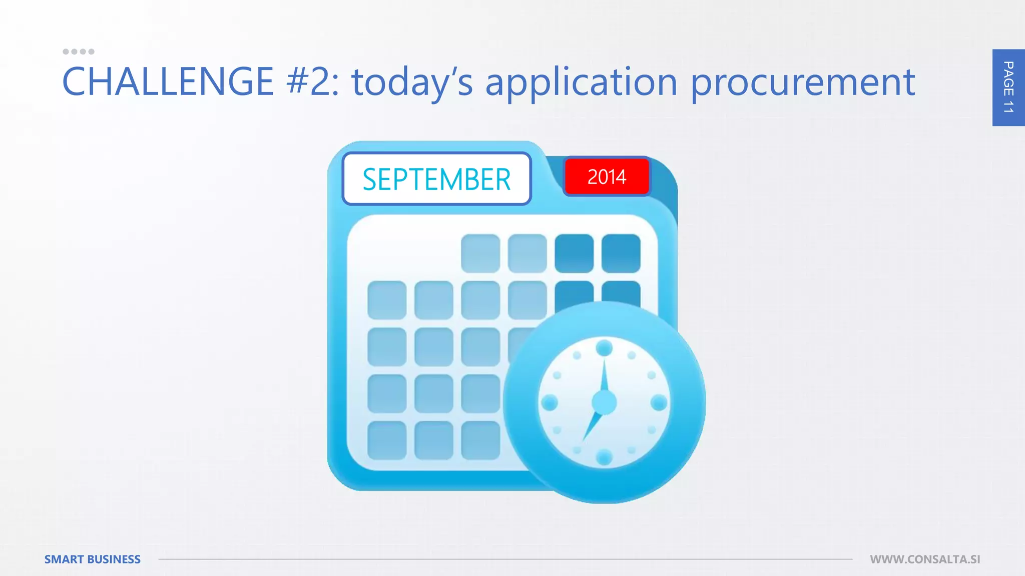 PAGE11
SMART BUSINESS WWW.CONSALTA.SI
CHALLENGE #2: today’s application procurement
APRIL 2013MAY 2013JUNE 2013JULY 2014SEPTEMBER 2014
 