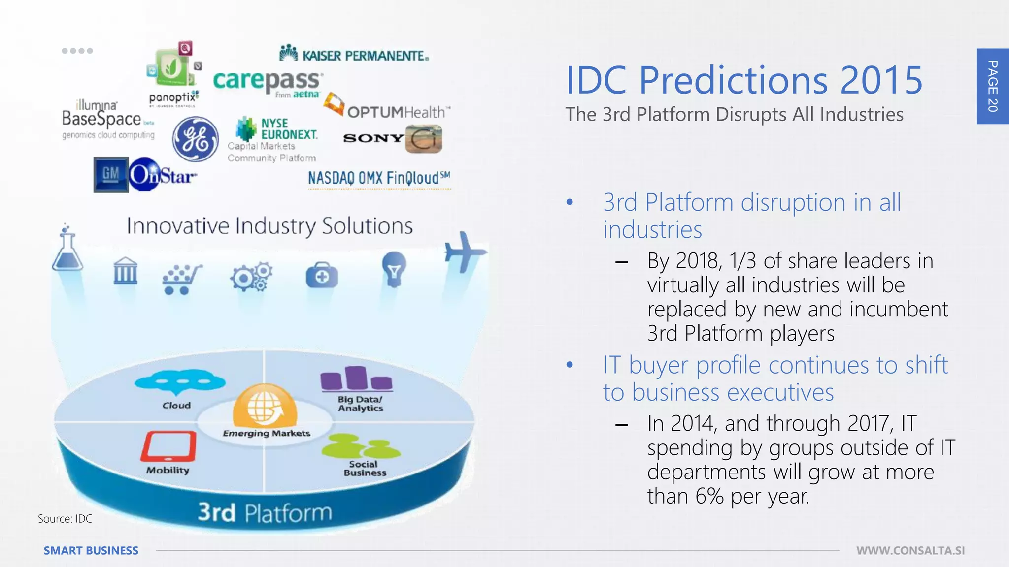 PAGE20
SMART BUSINESS WWW.CONSALTA.SI
IDC Predictions 2015
The 3rd Platform Disrupts All Industries
• 3rd Platform disruption in all
industries
– By 2018, 1/3 of share leaders in
virtually all industries will be
replaced by new and incumbent
3rd Platform players
• IT buyer profile continues to shift
to business executives
– In 2014, and through 2017, IT
spending by groups outside of IT
departments will grow at more
than 6% per year.
Source: IDC
 