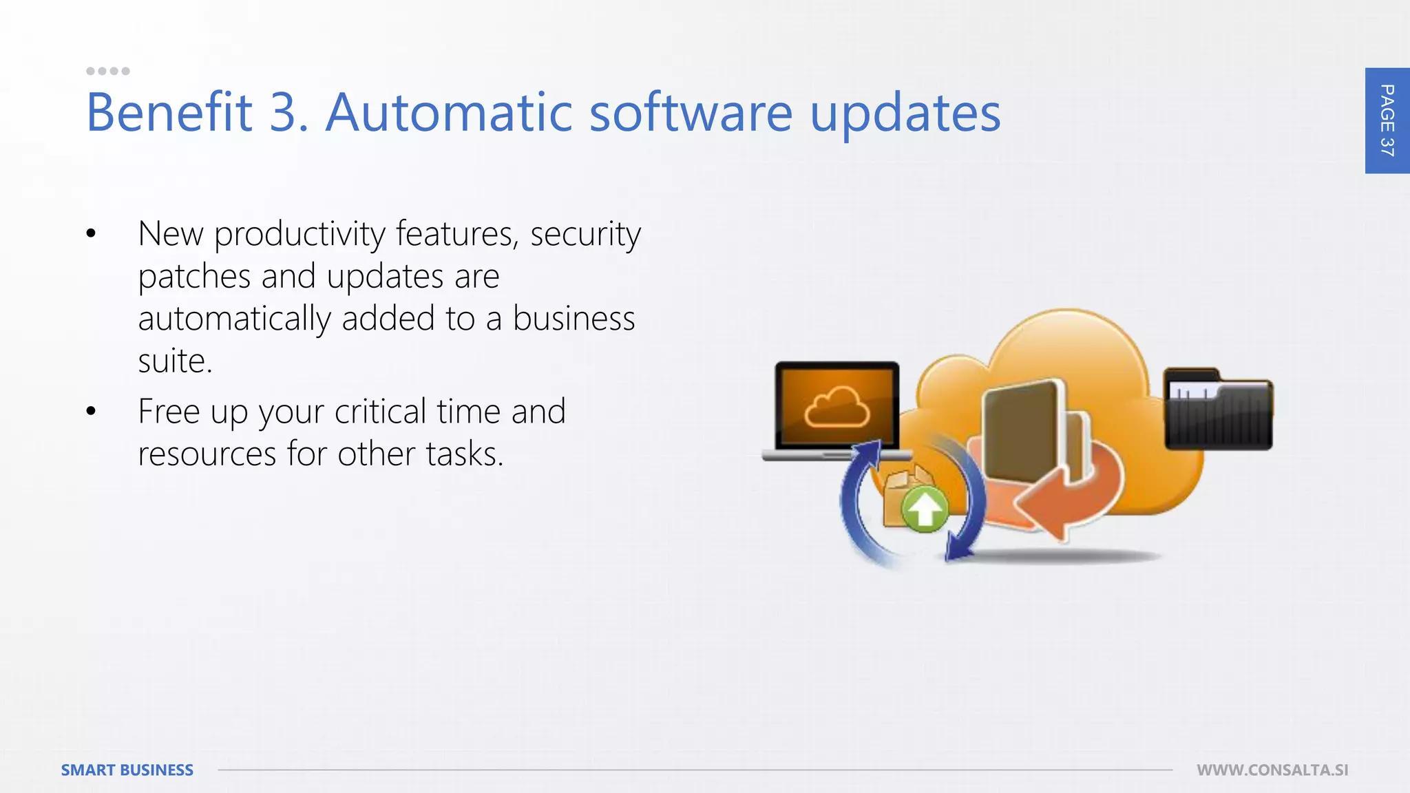 PAGE37
SMART BUSINESS WWW.CONSALTA.SI
Benefit 3. Automatic software updates
• New productivity features, security
patches and updates are
automatically added to a business
suite.
• Free up your critical time and
resources for other tasks.
 