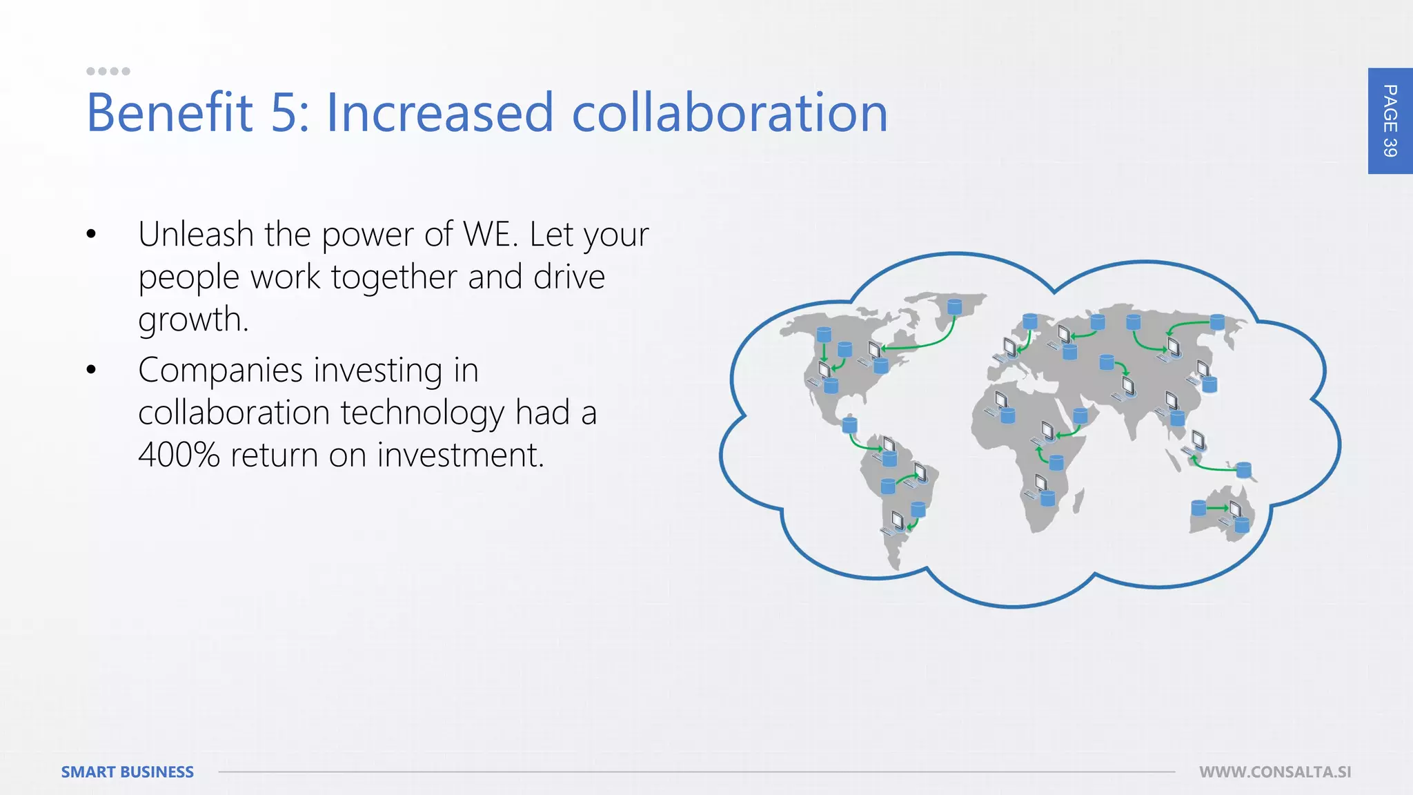 PAGE39
SMART BUSINESS WWW.CONSALTA.SI
Benefit 5: Increased collaboration
• Unleash the power of WE. Let your
people work together and drive
growth.
• Companies investing in
collaboration technology had a
400% return on investment.
 