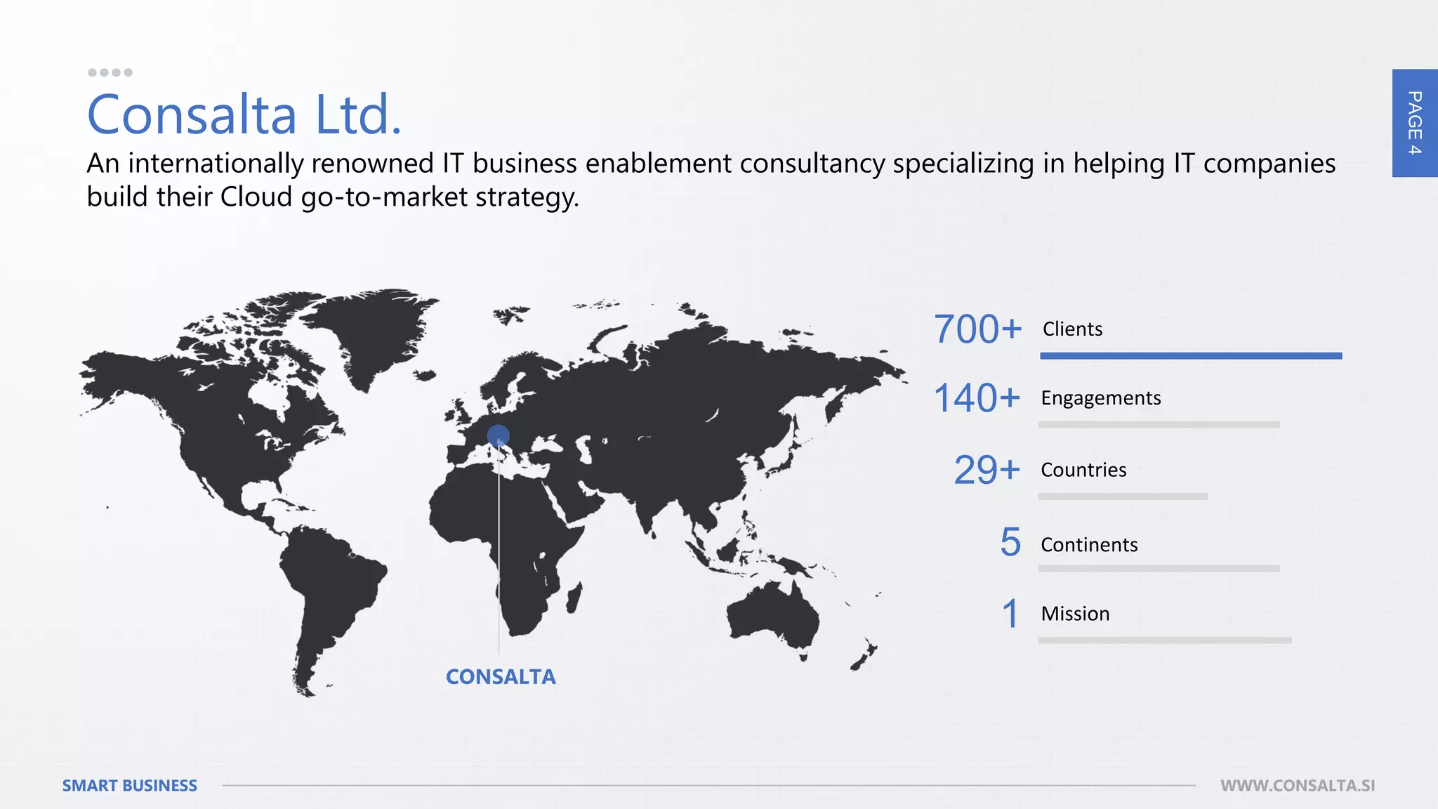 PAGE4
SMART BUSINESS WWW.CONSALTA.SI
Consalta Ltd.
An internationally renowned IT business enablement consultancy specializing in helping IT companies
build their Cloud go-to-market strategy.
Clients700+
Engagements140+
Countries29+
Continents5
Mission1
CONSALTA
 