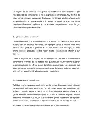 La mayoría de los animales llevan genes indeseables que están escondidos (los heterocigotos los enmascaran) y no se expresan en el fenotipo, hay muchos de estos genes recesivos que causan desórdenes genéticas o afectan adversamente la reproducción, la supervivencia o la aptitud funcional general. Los genes recesivos sólo causan problemas en los animales que portan dos copias del gen (animales homocigotos recesivos). 
3.5 ¿Cuándo utilizar la técnica? 
La consanguinidad puede utilizarse cuando el objetivo es producir un único animal superior (en los caballos de carrera, por ejemplo, donde el criador tiene como objetivo único producir el ganador de un gran premio). Sin embargo, por cada animal superior producida podría haber mucha descendencia inferior o aun deforme. 
Como el propósito de la mayoría de los criadores de vacunos es incrementar la performance promedia del sus rodeos, más que producir un único animal superior, la consanguinidad les ofrece pocos beneficios económicos. Los criadores que están pensando en usar la consanguinidad, antes de hacerlo deberían estar bien informados y tener identificados claramente los objetivos. 
3.6 Consecuencias de la técnica 
Debido a que la consanguinidad puede aportar genes deseables, puede utilizarse para producir individuos superiores. Por tal motivo, puede ser beneficioso. Sin embargo, también existe el riesgo de la citada depresión consanguínea o los genes recesivos indeseables que aparecen juntos; el resultado negativo de esta estrategia podría ser muy alto, ya que cuando los genes indeseables se expresan en la descendencia, puede traer como consecuencia una alta tasa de descarte. 
3.6.1 Reducción del potencial de performance por la consanguinidad  