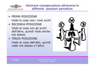 Generare consapevolezza attraverso le
                   differenti posizioni percettive

• PRIMA POSIZIONE
  Vedo le cose con i miei occhi
• SECONDA POSIZIONE
  Vedo le cose con gli occhi
  dell’altro, quindi vedo anche
  me stesso
• TERZA POSIZIONE
  Vedo le cose dall’alto, quindi
  vedo me stesso e l’altro




  17/10/2011           Materiale coperto da copyright
                         Ad esclusivo uso interno
 
