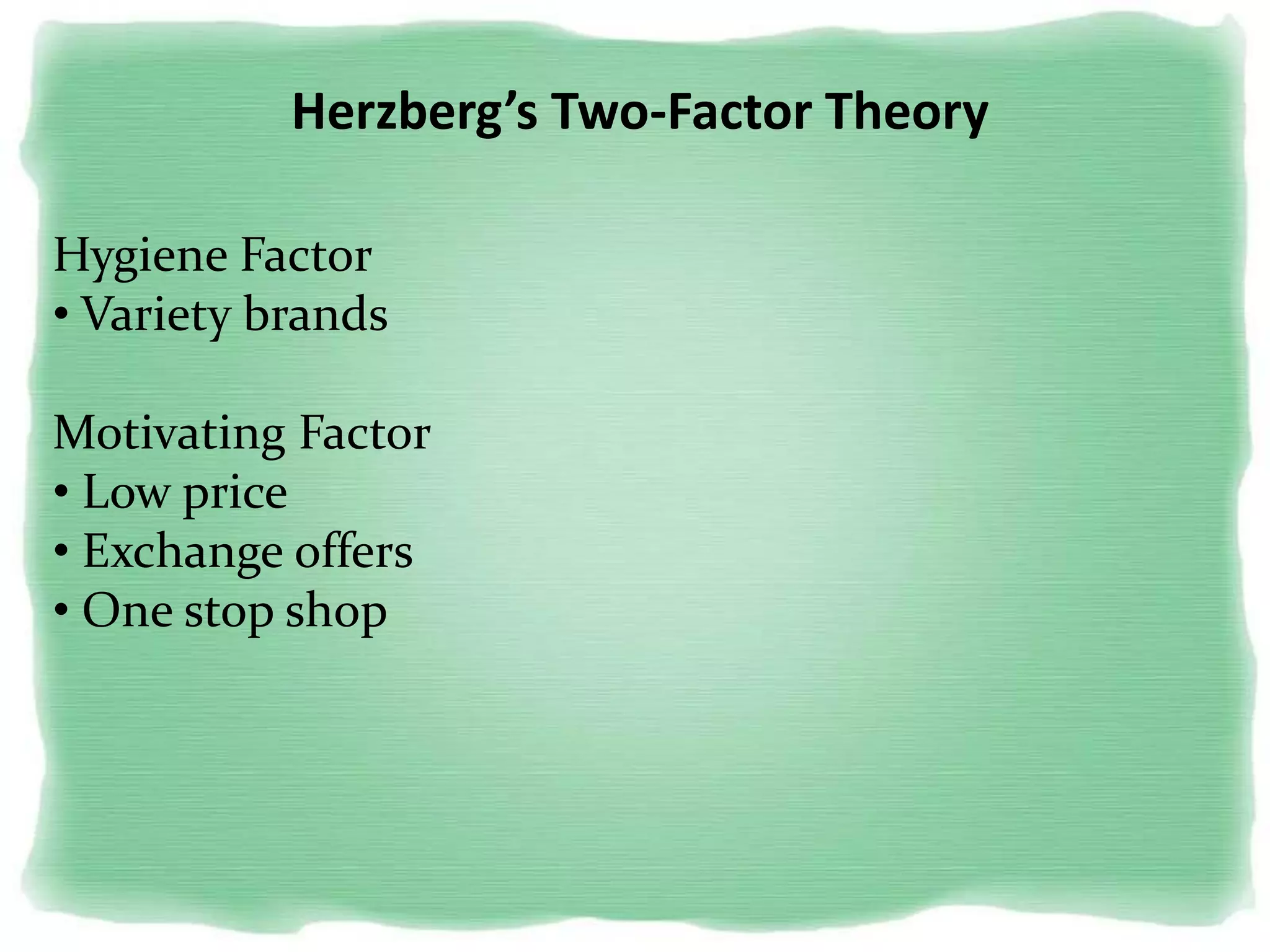Herzberg’s Two-Factor Theory
Hygiene Factor
• Variety brands
Motivating Factor
• Low price
• Exchange offers
• One stop shop
 