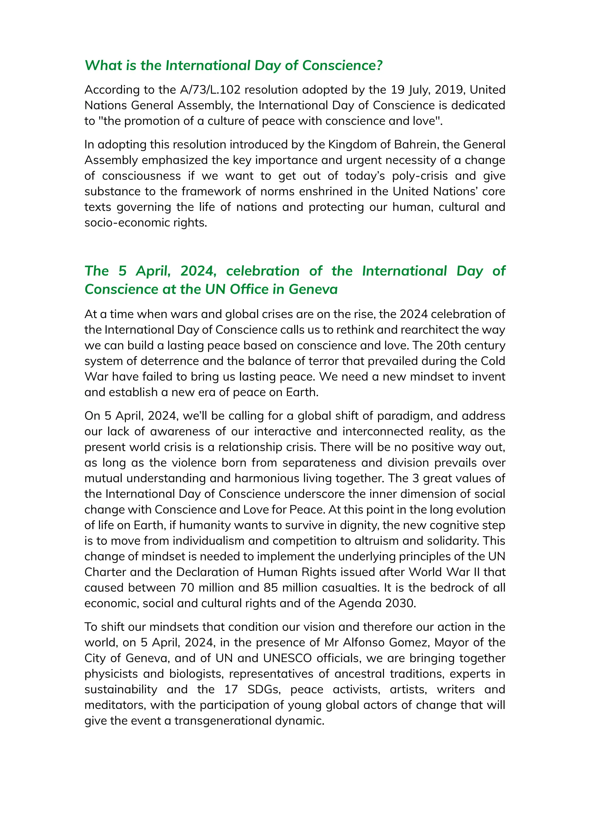 Conscience. Love. Peace - International Day of Conscience 2024. | PDF