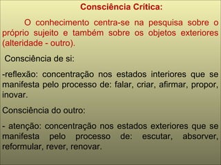 Consciência Crítica:
O conhecimento centra-se na pesquisa sobre o
próprio sujeito e também sobre os objetos exteriores
(alteridade - outro).
Consciência de si:
-reflexão: concentração nos estados interiores que se
manifesta pelo processo de: falar, criar, afirmar, propor,
inovar.
Consciência do outro:
- atenção: concentração nos estados exteriores que se
manifesta pelo processo de: escutar, absorver,
reformular, rever, renovar.
 