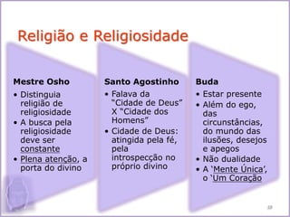 Religião e Religiosidade
Mestre Osho
• Distinguia
religião de
religiosidade
• A busca pela
religiosidade
deve ser
constante
• Plena atenção, a
porta do divino
Santo Agostinho
• Falava da
“Cidade de Deus”
X “Cidade dos
Homens”
• Cidade de Deus:
atingida pela fé,
pela
introspecção no
próprio divino
Buda
• Estar presente
• Além do ego,
das
circunstâncias,
do mundo das
ilusões, desejos
e apegos
• Não dualidade
• A ‘Mente Única’,
o ‘Um Coração
19
 