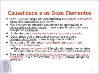  O 8º - Desejo surge em dependência de contato e ganância
surge em dependência de desejo
 Nós desejamos experiências sensoriais agradáveis e
cobiçamos sua continuação; para experiências dolorosas
desejamos cessação
 Buda viu que todos os fenômenos surgem e cessão
 Desejamos que o agradável permaneça e que o
desagradável cesse; e nos apegamos a ambos
 Daí surge o 9º elemento - ganância ou apego - por
objetos e sentimentos
 Esse apego ao carnaval é função do desejo por objetos
dos sentidos e dos prazeres ou sofrimentos associados
 Esse ciclo de desejar o transitório é a natureza de nossa
existência; é o 10º elemento ‘vir a ser’ (bhava; apego ao
carnaval)
Causalidade e os Doze Elementos
51
 