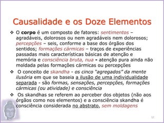  O corpo é um composto de fatores: sentimentos –
agradáveis, dolorosos ou nem agradáveis nem dolorosos;
percepções – seis, conforme a base dos órgãos dos
sentidos; formações cármicas – traços de experiências
passadas mais características básicas de atenção e
memória e consciência bruta, nua - atenção pura ainda não
moldada pelas formações cármicas ou percepções
 O conceito de skandha - os cinco “agregados” da mente
ilusória em que se baseia a ilusão de uma individualidade
separada - são formas, sensações, percepções, formações
cármicas (ou atividade) e consciência
 Os skandhas se referem ao perceber dos objetos (não aos
órgãos como nos elementos) e a consciência skandha é
consciência considerada no abstrato, sem moldagens
Causalidade e os Doze Elementos
57
 