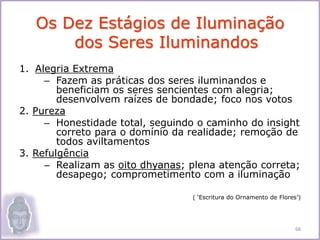 1. Alegria Extrema
– Fazem as práticas dos seres iluminandos e
beneficiam os seres sencientes com alegria;
desenvolvem raízes de bondade; foco nos votos
2. Pureza
– Honestidade total, seguindo o caminho do insight
correto para o domínio da realidade; remoção de
todos aviltamentos
3. Refulgência
– Realizam as oito dhyanas; plena atenção correta;
desapego; comprometimento com a iluminação
( ‘Escritura do Ornamento de Flores’)
Os Dez Estágios de Iluminação
dos Seres Iluminandos
68
 