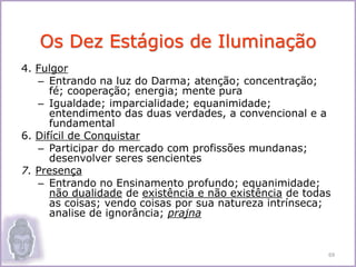 4. Fulgor
– Entrando na luz do Darma; atenção; concentração;
fé; cooperação; energia; mente pura
– Igualdade; imparcialidade; equanimidade;
entendimento das duas verdades, a convencional e a
fundamental
6. Difícil de Conquistar
– Participar do mercado com profissões mundanas;
desenvolver seres sencientes
7. Presença
– Entrando no Ensinamento profundo; equanimidade;
não dualidade de existência e não existência de todas
as coisas; vendo coisas por sua natureza intrínseca;
analise de ignorância; prajna
Os Dez Estágios de Iluminação
69
 