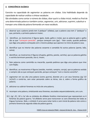 9
2. CONSCIÊNCIA SILÁBICA
Consiste na capacidade de segmentar as palavras em sílabas. Esta habilidade depende da
capacidade de realizar análise e síntese vocabular.
São atividades como contar o número de sílabas, dizer qual é a sílaba inicial, medial ou final de
uma determinada palavra e também contar, segmentar, unir, adicionar, suprimir, substituir e
transpor uma sílaba da palavra formando um novo vocábulo.
1. observar que a palavra janela tem 3 pedaços” (sílabas), que a palavra casa tem 2 “pedaços” e
que, portanto, a primeira palavra é maior;
2. identificar, ao mostrarmos 4 figuras (gato, bode, galho e mola), que as palavras gato e galho
são as que “começam parecido”, porque começam com /ga/; - falar cavalo, quando pedimos
que diga uma palavra começada com o mesmo pedaço que aparece no início da palavra casa;
3. identificar que no interior das palavras serpente e camaleão há outras palavras (pente, leão,
cama);
4. identificar, ao mostrarmos 4 figuras (chupeta, galinha, panela, varinha), que as palavras galinha
e varinha terminam parecido, isto é, rimam;
5. falar palavras como caminhão ou macarrão, quando pedimos que diga uma palavra que rime
com feijão;
6. identificar, ao mostrarmos 4 figuras (vestido, martelo, vampiro, coruja), que as palavras vestido
e vampiro são as que começam parecido, porque começam “com o mesmo sonzinho”.
7. segmentar em voz alta uma palavra (como guerra), dizendo um a um seus fonemas (/g/ /E/
/x//a/)1 e contá-los, sem estar pensando sobre as letras, isto é, sobre a forma gráfica da
palavra;
8. adicionar ou subtrair fonemas no início de uma palavra;
9. recompor uma palavra, sintetizando seus fonemas, escutados sequenciadamente, um a um.
10.1 /g/, /E/, /X/ e /a/ são os símbolos do alfabeto fonético internacional que representam os 4
fonemas da palavra guerra. Tal alfabeto serve para transcrever os sons (fonemas) de todas as
línguas humanas. Nele, o símbolo X serve para notar tanto o som inicial da palavra rato como o
primeiro fonema da segunda sílaba da palavra guerra.
FONTE: GUIA DE FORMAÇÃO PNAIC - UNIDADE 03 ANO 01_AZUL _ PÁGINA 21/22
 