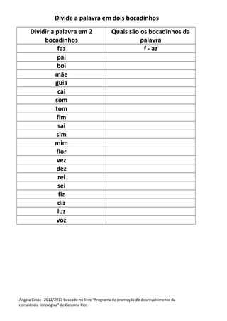 Divide a palavra em dois bocadinhos
Dividir a palavra em 2
bocadinhos
Quais são os bocadinhos da
palavra
faz f - az
pai
boi
mãe
guia
cai
som
tom
fim
sai
sim
mim
flor
vez
dez
rei
sei
fiz
diz
luz
voz
Ângela Costa 2012/2013 baseado no livro “Programa de promoção do desenvolvimento da
consciência fonológica” de Catarina Rios
 