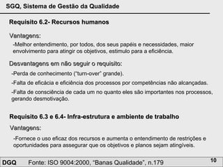 Requisito 6.2- Recursos humanos Vantagens: -Melhor entendimento, por todos, dos seus papéis e necessidades, maior envolvimento para atingir os objetivos, estimulo para a eficiência. Desvantagens em não seguir o requisito: -Perda de conhecimento (“turn-over” grande).  -Falta de eficácia e eficiência dos processos por competências não alcançadas. -Falta de consciência de cada um no quanto eles são importantes nos processos, gerando desmotivação. Requisito 6.3 e 6.4- Infra-estrutura e ambiente de trabalho Vantagens: -Fornece o uso eficaz dos recursos e aumenta o entendimento de restrições e oportunidades para assegurar que os objetivos e planos sejam atingíveis. 