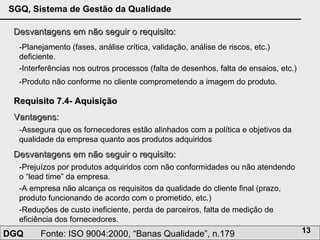 Desvantagens em não seguir o requisito: -Planejamento (fases, análise crítica, validação, análise de riscos, etc.) deficiente.  -Interferências nos outros processos (falta de desenhos, falta de ensaios, etc.) -Produto não conforme no cliente comprometendo a imagem do produto. Requisito 7.4- Aquisição Vantagens: -Assegura que os fornecedores estão alinhados com a política e objetivos da qualidade da empresa quanto aos produtos adquiridos Desvantagens em não seguir o requisito: -Prejuízos por produtos adquiridos com não conformidades ou não atendendo o “lead time” da empresa. -A empresa não alcança os requisitos da qualidade do cliente final (prazo, produto funcionando de acordo com o prometido, etc.)  -Reduções de custo ineficiente, perda de parceiros, falta de medição de eficiência dos fornecedores. 