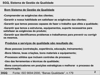 Bom Sistema de Gestão da Qualidade -Compreender as exigências dos clientes; -Garantir a nossa habilidade em satisfazer as exigências dos clientes; -Garantir que temos pessoas capazes de fazer o trabalho que afeta a qualidade; -Garantir que temos a estruturas, equipamentos, suporte necessários para satisfazer as exigências do produto; -Garantir que identificamos problemas e trabalhamos para prevenir ou corrigir os mesmos. Produtos e serviços de qualidade são resultado de: -Boas pessoas (contratação, experiência, educação, treinamento); -Bons líderes, boas criações, bons materiais e equipamento; -Processos sólidos que incluem controles de processo; -Uso das ferramentas e técnicas da qualidade; -Bons comunicadores em posições estratégicas e melhorar  o processo de comunicação; 