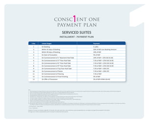 consc ent one
payment plan
SERVICED SUITES
INSTALLMENT - PAYMENT PLAN
S.No.

Linked Stages

Payment

1

On Booking

5 Lakhs

2

Within 45 days of Booking

20% of BSP Less Booking Amount

3

Within 90 days of Booking

10% of BSP

4

On Start of Excavation

5% of BSP

5

On Commencement of 1 Basement Roof Slab

10% of BSP + 25% EDC & IDC

6

On Commencement of 3rd Floor Roof Slab

7.5% of BSP + 25% EDC & IDC

7

On Commencement of 6 Floor Roof Slab

7.5% of BSP + 25% EDC & IDC

8

On Commencement of 9th Floor Roof Slab

7.5% of BSP + 25% EDC & IDC

9

On Commencement of Top Floor Roof Slab

7.5% of BSP + 50% CPC

10

On Commencement of Plaster

7.5% of BSP + 50% CPC

11

On Commencement of Flooring

7.5% of BSP

12

On Commencement of Final Finishing

5% of BSP

13

On Oﬀer of Possession

5% of BSP+IFMD+SD+RC

st

th

Note :
1. External Development Charges (EDC) and Infrastructure Development Charges (IDC) as presently applicable, but does not include any future upward revision by the Haryana Government, which shall be payable at that time by the Applicant.
2. Interest Free Maintenance Deposit (IFMD) applicable is Rs. 225/- per sq. ft. payable additionally with last installment.
3. Stamp Duty (SD) and Registration Charges (RC) shall be payable with the last installment based on prevailing rates at that time.
4. Cheque(s)/Demand Draft(s) should be made in favour of "Conscient One".
5. The above Prices / Payment Plans are subject to revision/withdraw at any time without prior notice at the sole discretion of the Company.
6. Third party charges including Govt.charges and taxes, shall be extra and will be demanded as and when applicable.
7. Any other charges including but not limited to Administrative charges, charges for Bulk supply of Electricity etc. shall be payable extra.
8. Stage for each installment shall pertain to stage for the respective Tower/Block.
9. Service Tax (ST) at applicable rate shall be payable additionally along with each installment.
10. Non-payment, delay in payment of any installment, as mentioned above shall attract cancellation of the booking of the Retail Unit / Oﬃce Space / Serviced Suite and forfeiture of money as per agreed terms and conditions. The Company may, however,
be entitled to condone such delay by imposing penal interest (as applicable) upon such delayed payments accruing from the date of due payment till receipt of payment by the Company.
* 10.76 Square Feet = 1 Square Meter.
* 1 Foot = 0.3048 Meter

Disclaimer: This does not constitute a legal oﬀer. All site plans, ﬂoor plans, layout plans ,areas, dimensions, prices and speciﬁcations etc. are subject to change till ﬁnal completion of the project.
All images are an artistic conceptualization and do not purport to replicate the exact products.

 