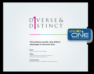 d verse &
d stinct
Retail. Oﬃces. Serviced Suites.

Three diverse worlds. One distinct
advantage in Conscient One.
Retail

3 levels of exquisite retail shopping.

Oﬃces

Futuristic workspaces strategically located near
entertainment and commercial hubs.

Serviced Suites

Exquisite Service Suites managed by a hospitality partner.

 