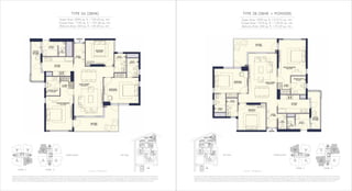 TYPE 3B (3BHK + POWDER)
1 sq mtr = 10.764 sq ft
KEY PLAN TOWER LAYOUT
TOWER - A
T-A
T-B
T-C
Future Development
FutureDevelopment
NORTH
TYPE 3A (3BHK)
1 sq mtr = 10.764 sq ft
TOWER LAYOUT KEY PLAN
TOWER - A TOWER - B
T-A
T-B
T-C
Future Development
FutureDevelopment
NORTH
This does not constitute a legal offer. All areas and dimensions are tentative and subject to change till the final completion of the Project as permissible under applicable laws. This brochure contains artistic impressions and no warranty is expressly or
impliedly given that the completed development of the Project will comply in any degree with such artist's impression as depicted. All layouts, plans, specifications, dimensions, designs, measurements and locations are indicative, not to scale and are
subject to change as may be decided by the Developer or the competent authority. For further details, please refer the Agreement for Sale. Soft furnishings, cupboards, furniture and gadgets, etc. are not part of the offering and are only indicative in
nature and are only for the purpose of illustrating/indicating a conceived layout and do not form part of the standard specification/amenities/services to be provided. The above mentioned sizes are for a typical floor plan, first floor sizes may vary.
Super Area: 2095 sq. ft. / 194.63 sq. mtr.
Carpet Area: 1159 sq. ft. / 107.68 sq. mtr.
Balcony Area: 222 sq. ft. / 20.63 sq. mtr.
Super Area: 2295 sq. ft. / 213.21 sq. mtr.
Carpet Area: 1274 sq. ft. / 118.33 sq. mtr.
Balcony Area: 230 sq. ft. / 21.32 sq. mtr.
2 3
1 4
TYPE-3B TYPE-3C
TYPE-3C TYPE-3A
1
4 3
2
TYPE-3A TYPE-3B
TYPE-3B TYPE-3C
TOWER - B
1
4 3
2
TYPE-3A TYPE-3B
TYPE-3B TYPE-3C
2 3
1 4
TYPE-3B TYPE-3C
TYPE-3C TYPE-3A
This does not constitute a legal offer. All areas and dimensions are tentative and subject to change till the final completion of the Project as permissible under applicable laws. This brochure contains artistic impressions and no warranty is expressly or
impliedly given that the completed development of the Project will comply in any degree with such artist's impression as depicted. All layouts, plans, specifications, dimensions, designs, measurements and locations are indicative, not to scale and are
subject to change as may be decided by the Developer or the competent authority. For further details, please refer the Agreement for Sale. Soft furnishings, cupboards, furniture and gadgets, etc. are not part of the offering and are only indicative in
nature and are only for the purpose of illustrating/indicating a conceived layout and do not form part of the standard specification/amenities/services to be provided. The above mentioned sizes are for a typical floor plan, first floor sizes may vary.
 