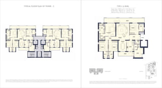 TYPE 4 (4 BHK)
1 sq mtr = 10.764 sq ft
TOWER LAYOUT KEY PLAN
Super Area: 3395 sq. ft. / 315.40 sq. mtr.
Carpet Area: 1855 sq. ft. / 172.37 sq. mtr.
Balcony Area: 392 sq. ft. / 36.45 sq. mtr.
TYPICAL FLOOR PLAN OF TOWER - C
2 1
TYPE-4 TYPE-4
This does not constitute a legal offer. All areas and dimensions are tentative and subject to change till the final completion of the Project as permissible under applicable laws. This brochure contains artistic impressions and no warranty is expressly or
impliedly given that the completed development of the Project will comply in any degree with such artist's impression as depicted. All layouts, plans, specifications, dimensions, designs, measurements and locations are indicative, not to scale and are
subject to change as may be decided by the Developer or the competent authority. For further details, please refer the Agreement for Sale. Soft furnishings, cupboards, furniture and gadgets, etc. are not part of the offering and are only indicative in
nature and are only for the purpose of illustrating/indicating a conceived layout and do not form part of the standard specification/amenities/services to be provided. The above mentioned sizes are for a typical floor plan, first floor sizes may vary.
This does not constitute a legal offer. All areas and dimensions are tentative and subject to change till the final completion of the Project as permissible under applicable laws. This brochure contains artistic impressions and no warranty is expressly or
impliedly given that the completed development of the Project will comply in any degree with such artist's impression as depicted. All layouts, plans, specifications, dimensions, designs, measurements and locations are indicative, not to scale and are
subject to change as may be decided by the Developer or the competent authority. For further details, please refer the Agreement for Sale. Soft furnishings, cupboards, furniture and gadgets, etc. are not part of the offering and are only indicative in
nature and are only for the purpose of illustrating/indicating a conceived layout and do not form part of the standard specification/amenities/services to be provided.
T-A
T-B
T-C
NORTH
Future Development
FutureDevelopment
 
