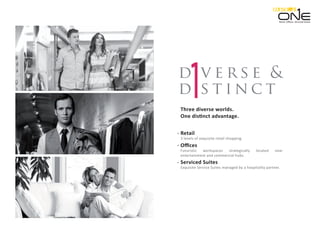 d v e r s e
d s t i n c t
&
Three diverse worlds.
One distinct advantage.
Retail
3 levels of exquisite retail shopping.
Oﬃces
Futuristic workspaces strategically located near
entertainment and commercial hubs.
Serviced Suites
Exquisite Service Suites managed by a hospitality partner.
Retail. Oﬃces. Serviced Suites.
 