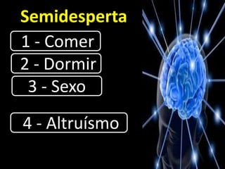 Semidesperta
1 - Comer
2 - Dormir
3 - Sexo
Gurdjieff.
4 - Altruísmo
 