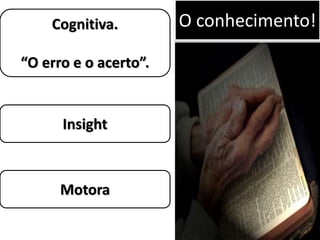 O conhecimento!
Insight
Cognitiva.
“O erro e o acerto”.
Motora
 