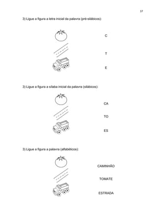 37
3) Ligue a figura a letra inicial da palavra (pré-silábicos):
C
T
E
3) Ligue a figura a sílaba inicial da palavra (silábicos):
CA
TO
ES
3) Ligue a figura a palavra (alfabéticos):
CAMINHÃO
TOMATE
ESTRADA
 