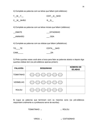 38
4) Complete as palavras com as letras que faltam (pré-silábicos):
T__M__T__ COIT__D__NHO
C__M__NHÃO R__D__
4) Complete as palavras com as letras iniciais que faltam (silábicos):
__OMATE ___OITADINHO
__AMINHÃO ___ ODA
4) Complete as palavras com as sílabas que faltam (alfabéticos):
TO____TE COITA___NHO
CAMI_____ ____DA
5) Pinte quantas vezes você abre a boca para falar as palavras abaixo e depois diga
quantas sílabas tem (os pré-silábicos apenas pintam):
PALAVRA BOQUINHAS
NÚMERO DE
SÍLABAS
TOMATINHO
VERMELHO
ROLOU
6) Ligue as palavras que terminam com os mesmos sons (os pré-silábicos
respondem oralmente e a professora serve de escriba):
TOMATINHO . . ROLOU
VIROU . . COITADINHO
 