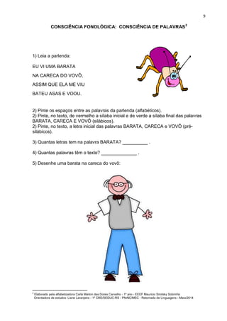 9
CONSCIÊNCIA FONOLÓGICA: CONSCIÊNCIA DE PALAVRAS2
1) Leia a parlenda:
EU VI UMA BARATA
NA CARECA DO VOVÔ,
ASSIM QUE ELA ME VIU
BATEU ASAS E VOOU.
2) Pinte os espaços entre as palavras da parlenda (alfabéticos).
2) Pinte, no texto, de vermelho a sílaba inicial e de verde a sílaba final das palavras
BARATA, CARECA E VOVÔ (silábicos).
2) Pinte, no texto, a letra inicial das palavras BARATA, CARECA e VOVÔ (pré-
silábicos).
3) Quantas letras tem na palavra BARATA? __________ .
4) Quantas palavras têm o texto? ______________ .
5) Desenhe uma barata na careca do vovô:
2
Elaborado pela alfabetizadora Carla Marion das Dores Carvalho - 1º ano - EEEF Mauricio Sirotsky Sobrinho
Orientadora de estudos: Liane Laranjeira - 1º CRE/SEDUC-RS - PNAIC/MEC - Retomada de Linguagens - Maio/2014
 