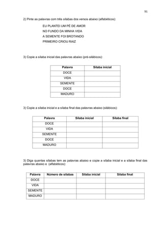 91
2) Pinte as palavras com três sílabas dos versos abaixo (alfabéticos):
EU PLANTEI UM PÉ DE AMOR
NO FUNDO DA MINHA VIDA
A SEMENTE FOI BROTANDO
PRIMEIRO CRIOU RAIZ
3) Copie a sílaba inicial das palavras abaixo (pré-silábicos):
Palavra Sílaba inicial
DOCE
VIDA
SEMENTE
DOCE
MADURO
3) Copie a sílaba inicial e a sílaba final das palavras abaixo (silábicos):
Palavra Sílaba inicial Sílaba final
DOCE
VIDA
SEMENTE
DOCE
MADURO
3) Diga quantas sílabas tem as palavras abaixo e copie a sílaba inicial e a sílaba final das
palavras abaixo e (alfabéticos):
Palavra Número de sílabas Sílaba inicial Sílaba final
DOCE
VIDA
SEMENTE
MADURO
 