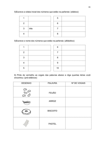 81
5)Escreve a sílaba inicial dos números que estão na parlenda: (silábico)
1 5
2 6
3 três 7
4 8
5)Escreve o nome dos números que estão na parlenda: (alfabético)
1 6
2 7
3 8
4 9
5 10
6) Pinte de vermelho as vogais das palavras abaixo e diga quantas letras você
encontrou: (pré-silábicos)
DESENHO PALAVRA Nº DE VOGAIS
FEIJÃO
ARROZ
BISCOITO
PASTEL
 