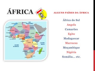 ALGUNS PAÍSES DA ÁFRICA


      África do Sul
         Angola
       Camarões
         Egito
      Madagascar
       Marrocos
      Moçambique
        Nigéria
     Somália... etc.
 