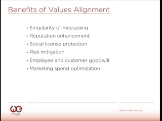 #WeFirst13
@SimonMainwaring
Beneﬁts of Values Alignment
• Singularity of messaging
• Reputation enhancement
• Social license protection
• Risk mitigation
• Employee and customer goodwill
• Marketing spend optimization
 
