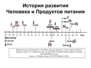 История развития
Человека и Продуктов питания
Hominid fossils and tools date to 1.8 million years ago and there is some evidence of tools in
Europe as early as 1.2 million years ago. An explosion of hominid remains appears in Europe
about 500,000 years ago.
Source: A. Gibbons, Science 291:1722 (March 2, 2001).
 