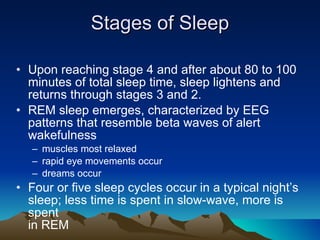 Stages of Sleep Upon reaching stage 4 and after about 80 to 100 minutes of total sleep time, sleep lightens and returns through stages 3 and 2. REM sleep emerges, characterized by EEG patterns that resemble beta waves of alert wakefulness muscles most relaxed rapid eye movements occur dreams occur Four or five sleep cycles occur in a typical night’s  sleep; less time is spent in slow-wave, more is spent  in REM 