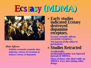 E c s t a s y  (MDMA) Main Effects: Inhibits serotonin reuptake thus inducing  release of serotonin & induces release of dopamine Early studies indicated Ecstasy destroyed dopamine receptors. Ecstasy actually affects serotonin receptors. Not known if the affect is permanent. Studies Retracted Accidentally, methamphetamine was injected instead of MDMA. Most of those who died while on MDMA were also taking other drugs. 