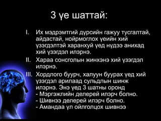 3 үе шаттай: 
I. Их мэдрэмтгий дүрсийн гажуу тусгалтай, 
айдастай, нойрмоглох үеийн хий 
үзэгдэлтэй харанхуй үед нүдээ анихад 
хий үзэгдэл илэрнэ. 
II. Хараа сонсголын жинхэнэ хий үзэгдэл 
илэрнэ. 
III. Хордлого буурч, халуун буурах үед хий 
үзэгдэл арилаад сульдлын шинж 
илэрнэ. Энэ үед 3 шатны оронд 
- Мэргэжлийн делерей илэрч болно. 
- Шивнээ делерей илэрч болно. 
- Амандаа үл ойлголцох шивнээ 
 