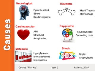 Neurological
Cardiovascular
Metabolic
Traumatic
Psyquiatric
Shock
Epileptic attack
Stroke
Basilar migraine
AMI
Structural
Arrhythmias
Hypoglycemia
Ionic alterations
Intoxications
Head Trauma
Hemorrhage
Pseudosyncope
Converting crisis
Septic
Anaphylactitc
Course “First Aid” Item 3 3 March, 2015
 