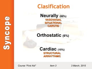 Clasification
Neurally (60%)
VASOVAGALVASOVAGAL
SITUATIONALSITUATIONAL
CAROTIDCAROTID
Orthostatic (6%)
Cardiac (15%)
STRUCTURALSTRUCTURAL
ARRHYTHMICARRHYTHMIC
Course “First Aid” Item 3 3 March, 2015
 