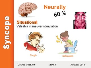 Neurally
60 %
SituationalSituational
Valsalva maneuver stimulation
Cough Defecation
Course “First Aid” Item 3 3 March, 2015
 