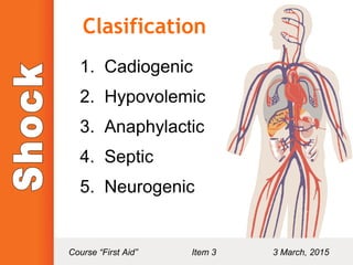 Clasification
1. Cadiogenic
2. Hypovolemic
3. Anaphylactic
4. Septic
5. Neurogenic
Course “First Aid” Item 3 3 March, 2015
 